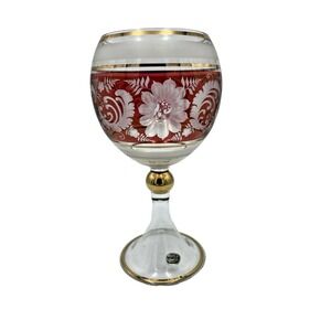 Vintage Bohemian Etched Crystal Cranberry Red & Gold Floral Compote Goblet 9.25"